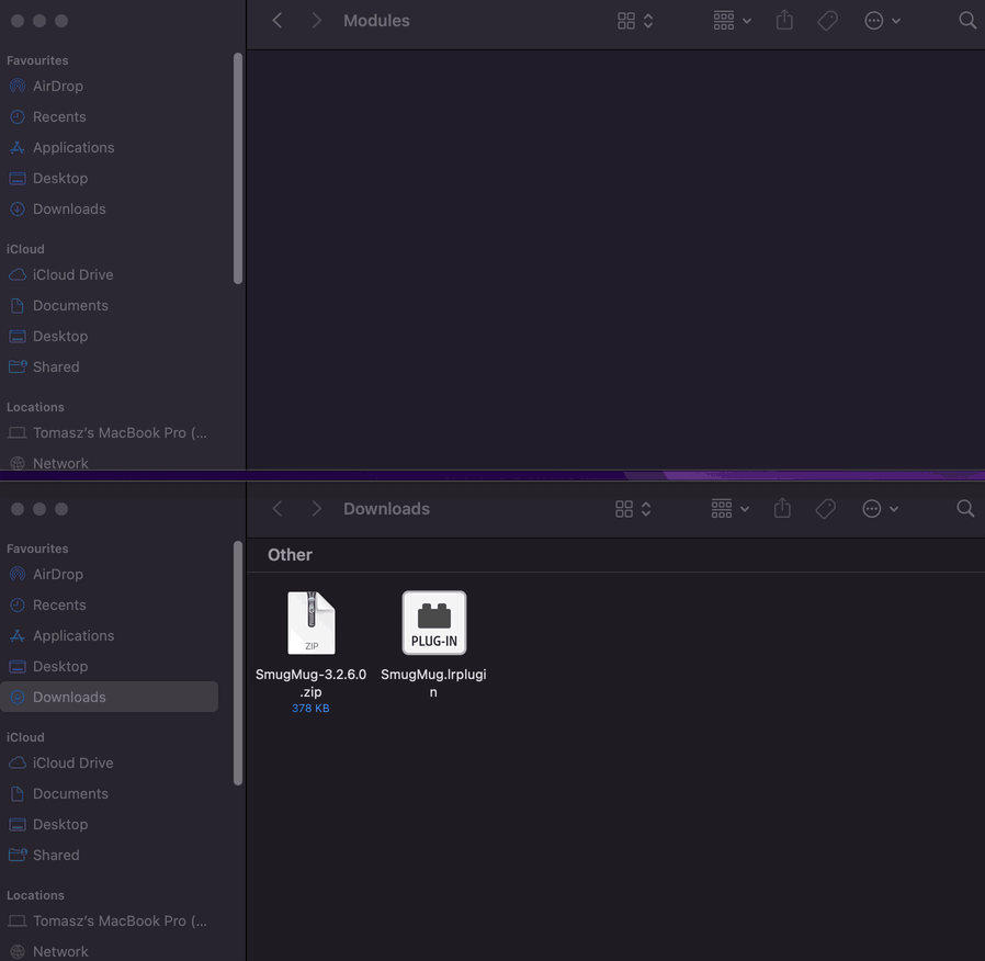 Dragging the SmugMug plugin for lightroom file into the Modules section.